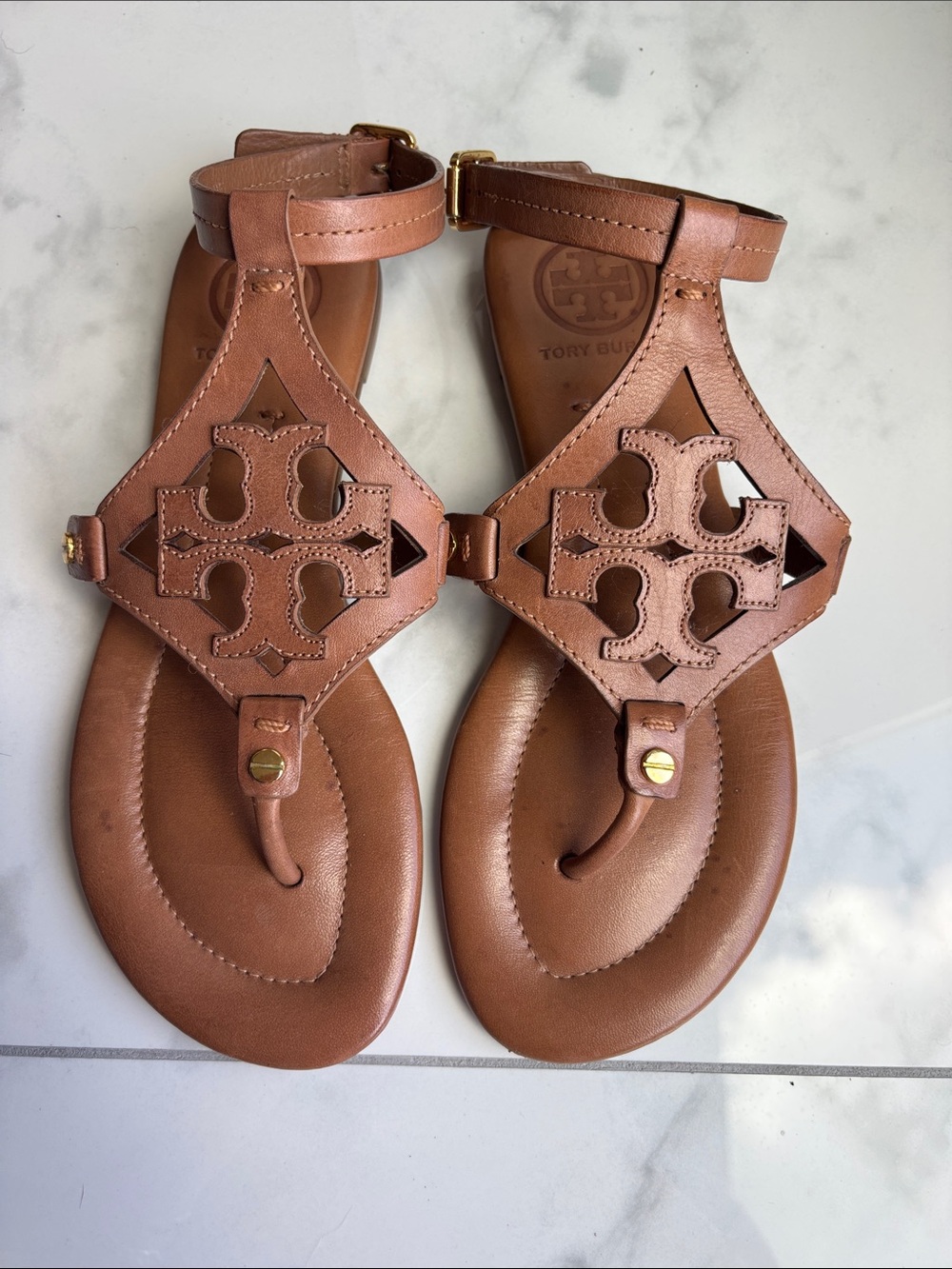 Tory Burch Phoebe Tan Leather Ankle Strap Gladiator Thong Sandals Size 6
